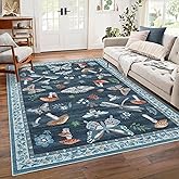 ROYHOME Washable Rug 5x7 Area Rugs for Living Room, Mushroom Insect Rug for Bedroom, 5x7 Rug Non Slip Throw Rugs with Rubber Back, Low Pile Stain Resistant Modern Carpet for Dining Room Dorm,Blue