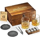 Mixology & Craft Whiskey Glasses Gift Set for Men 13-Piece with Pack of 2 Diamond Cut Glasses w/ 8 Granite Chilling Stones, 2 Coasters, Tongs & Cocktail Recipe Book in Wooden Crate