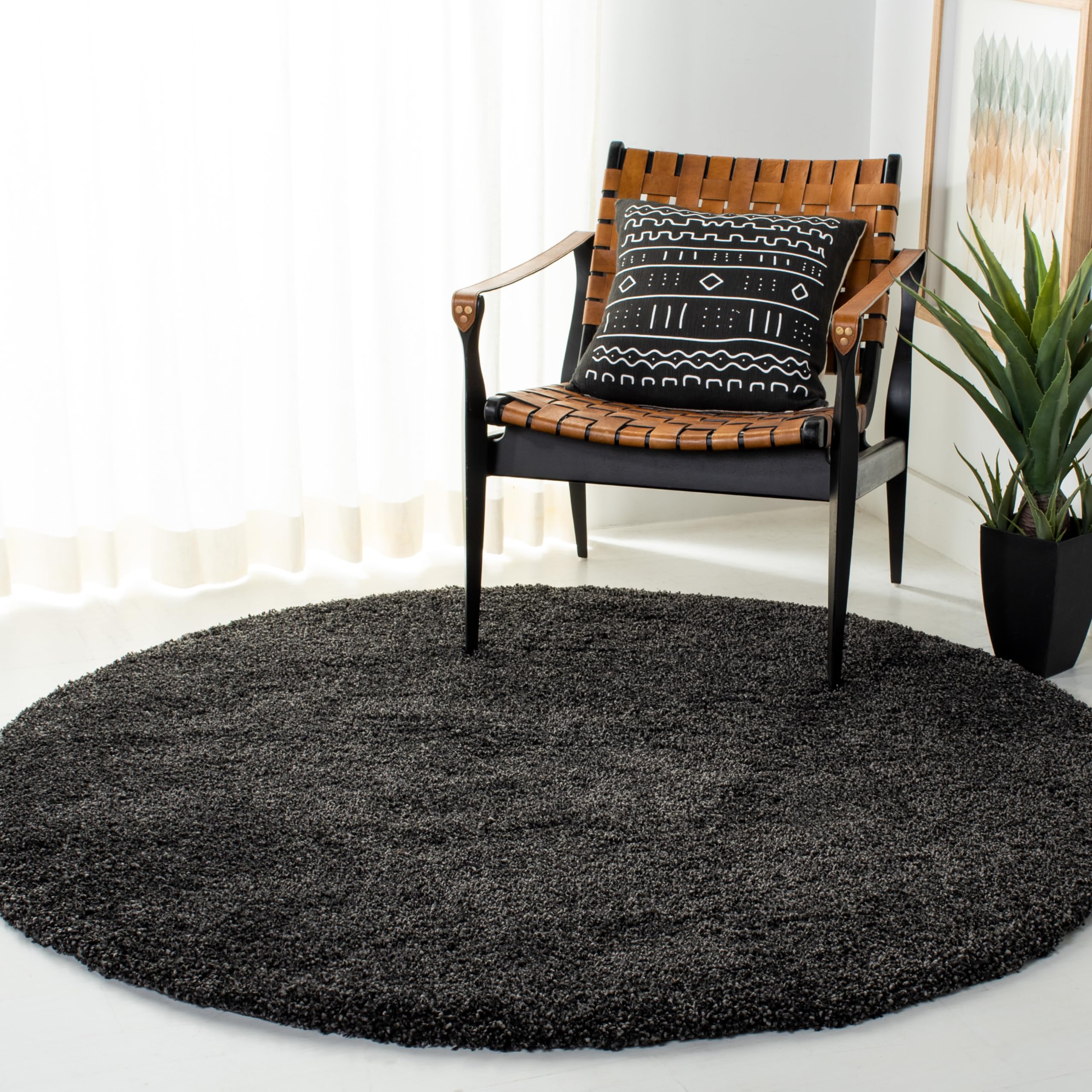 SAFAVIEH Milan Shag Collection 9' Round Dark Grey SG180 Solid Non-Shedding Living Room Bedroom Dining Room Entryway Plush 2-inch Thick Area Rug Image