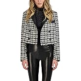 BCBGeneration Women's Relaxed Double Breasted Blazer Long Sleeve Notch Lapel Button Pocket Faux Leather Trim Mixed Media Jacket, Black/White, Large