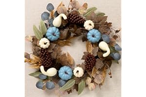 DECOR BY HANNAH DecorbyHannah Collapsible Fall Wreaths for Front Door, 22 inch Pre-Lit Autumn Wreath with Blue Pumkin and Pinecone for Harvest Thanksgiving Home Wall Window Indoor Outdoor Decor