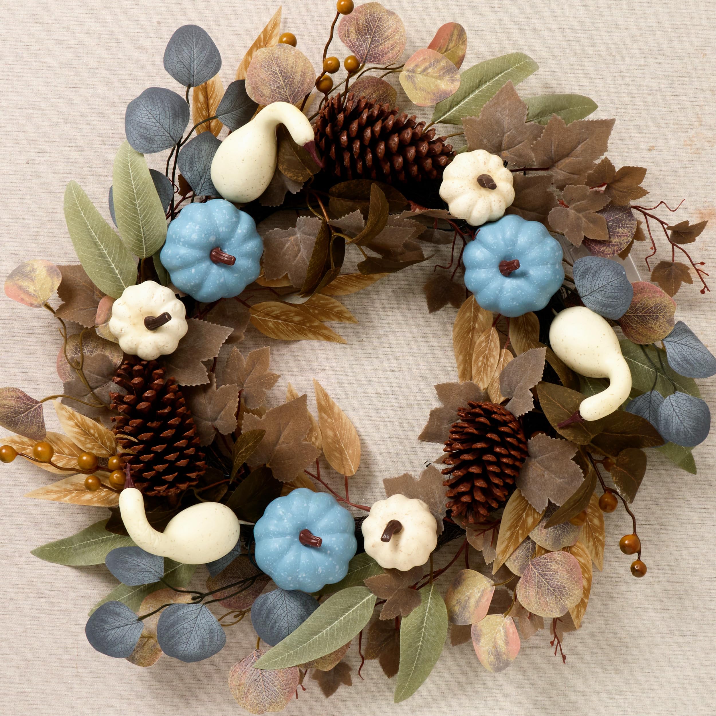 Photo 1 of DecorbyHannah Collapsible Thanksgiving Wreaths for Front Door, 22 inch Pre-Lit Fall Wreath with Blue Pumkin and Pinecone for Harvest Home Wall Window Indoor Outdoor Decor