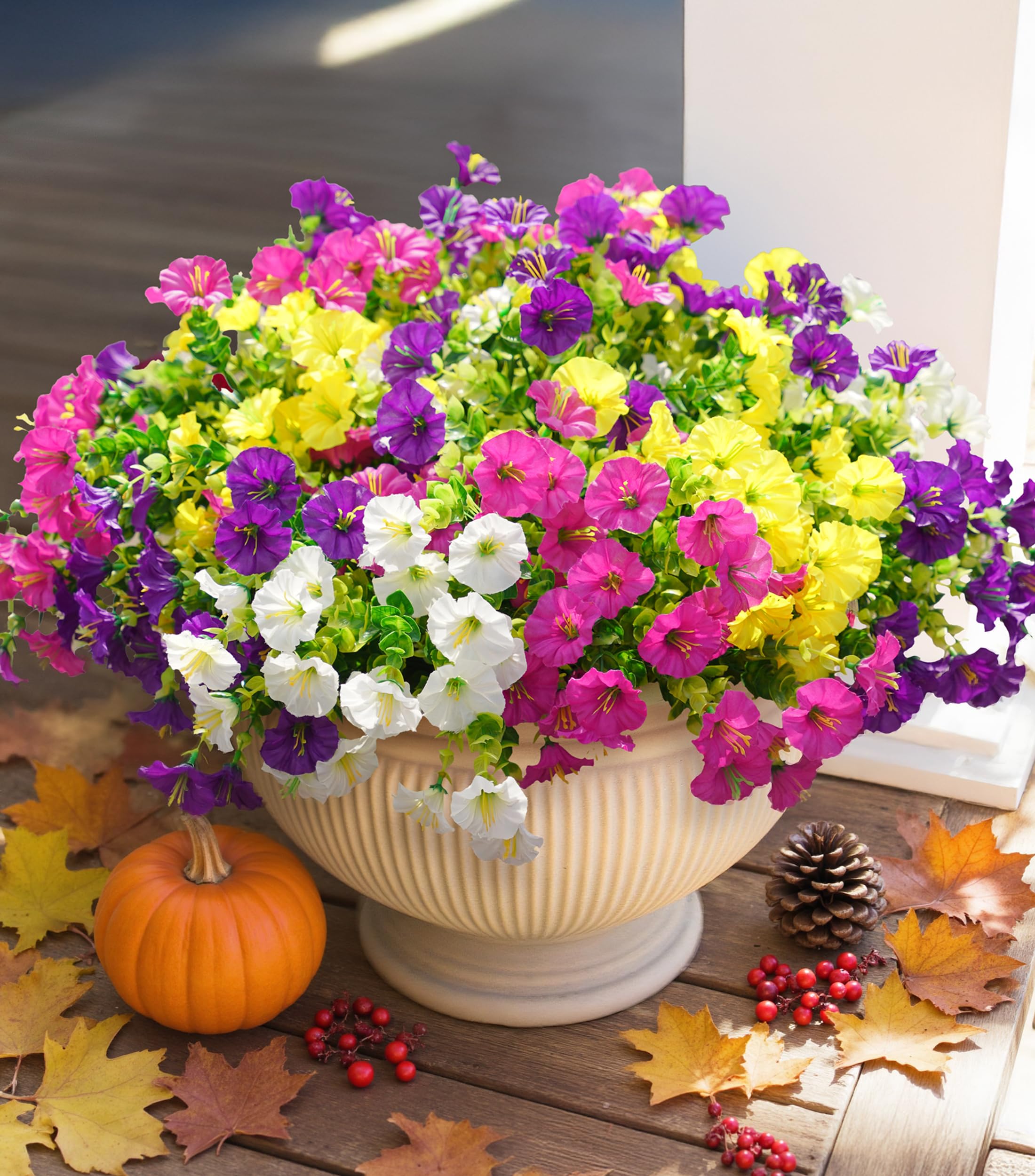 Photo 1 of HyeFlora Artificial Flowers for Outdoors Fake Plants Outside Decoration, 12 Bundles Silk Colorful Morning Glory with Eucalyptus UV Resistant Realistic Faux Flowers for Planter Front Door Garden Yard