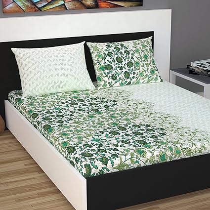 Divine Casa Cotton 144 TC Queen Size Bed Sheet with 2 Pillow Covers, Floral - Turquoise & Off White