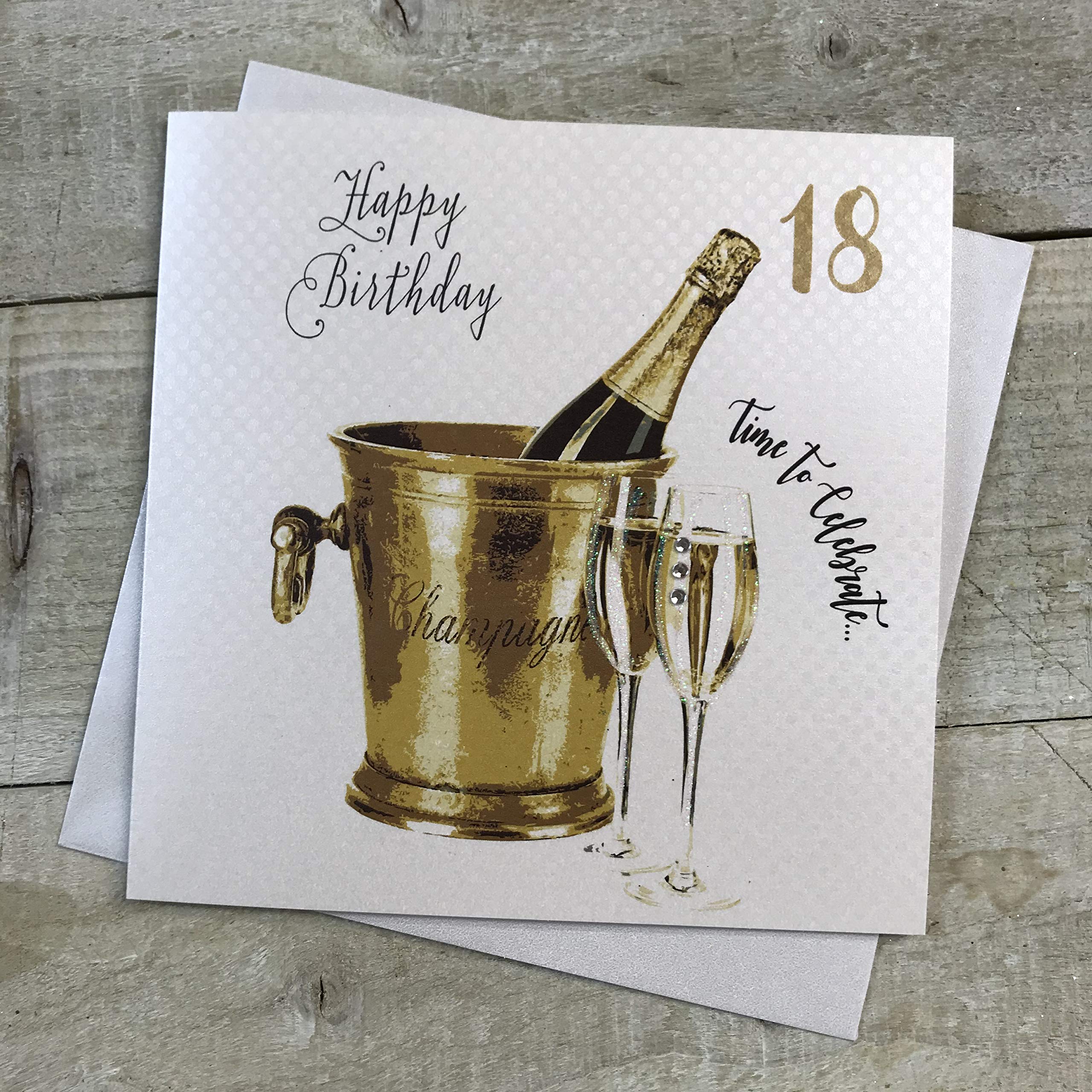 white cotton cards Age 18 Handmade Champagne Bucket Birthday Card, White