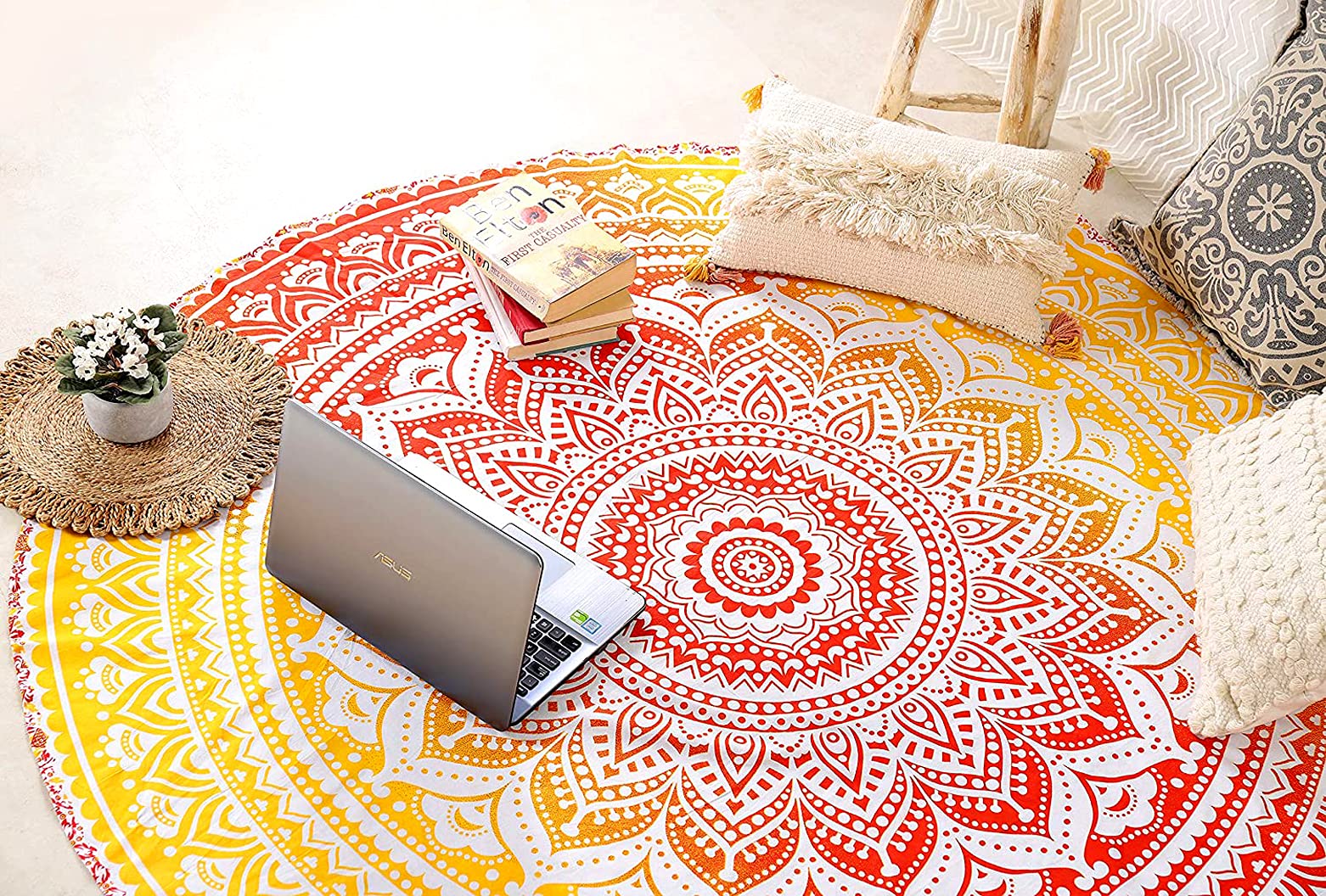 raajsee Orange Round Beach Tapestry Hippie/Boho Beach Blanket Mandala/Indian Cotton Throw - Round Tablecloth/Home Decor/Indie Rug Yoga Mat Meditation Picnic Rugs 127 CM / 50 INCHE Circle