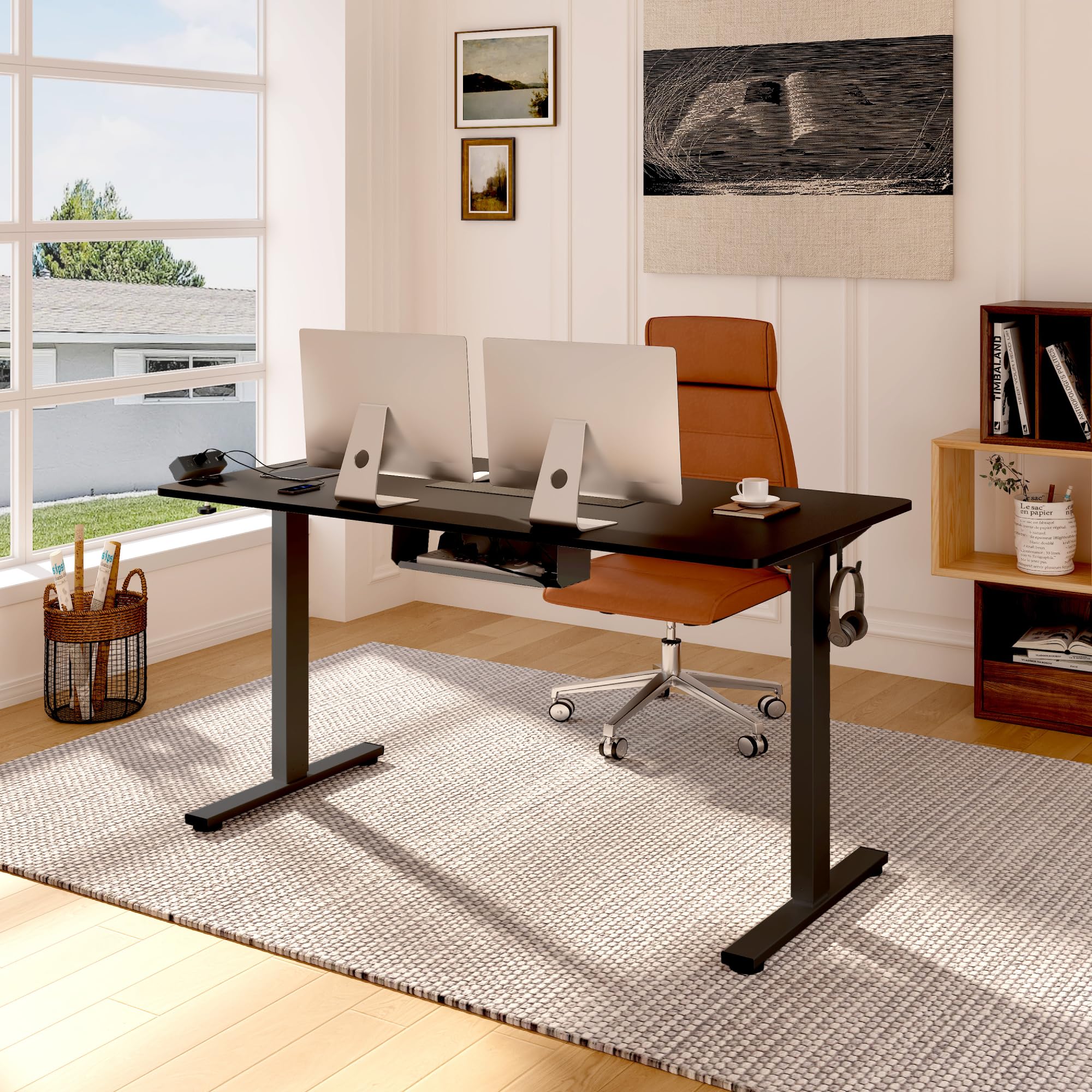 FLEXISPOT EN2 Whole-Piece Standing Desk with Clamp Power Strip, 55 x 28” Electric Stand Up Height Adjustable Desk with Cable Management (Black Frame + 55