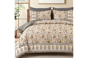 Dinjoy Floral Comforter Set Queen,Reversible Vintage Beige 7 Piece Bed in a Bag Lightweight Botanical Bedding Paisley Flower 