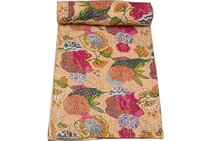Marubhumi Indian Handmade Stitched Pure Cotton Fruit Print Kantha Quilt, Reversible Kantha Quilt (Beige, King (108"x 108"))