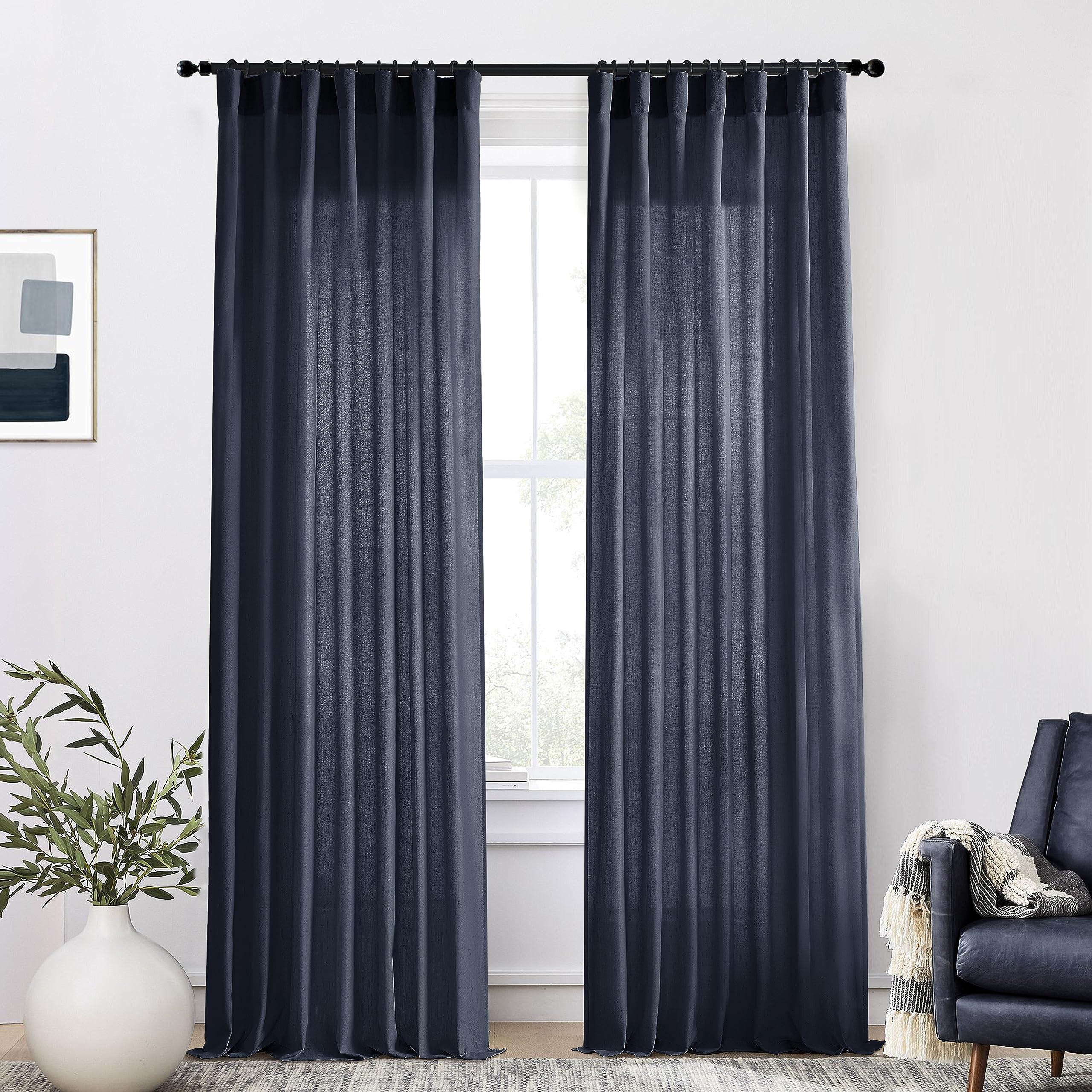 Photo 1 of XTMYI Indigo Blue Curtains 108 Inches Long for Living Room 2 Panels Set Back Tab Hook Pleat Linen Extra Long Sheer Curtain Drapes for Dining Room,Total Wide 100 x 108 Inch Length,Dark Navy