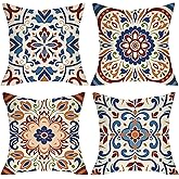 Fjfz Vintage Morocco Flower Decorative Throw Pillow Covers 18 x 18 Set of 4, Chinoiserie Floral Porch Outdoor Home Decor, Moroccan Aesthetic Art Couch Cushion Case