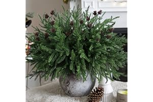 FLORISSO Artificial Christmas Norfolk Pine Stems Branches for Vases,12 Bundles Fake Pine Stems with 2 PCS Small Pinecones Branches Faux Evergreen Real Touch Greenery for Xmas Holiday Winter Table Indoor Decor