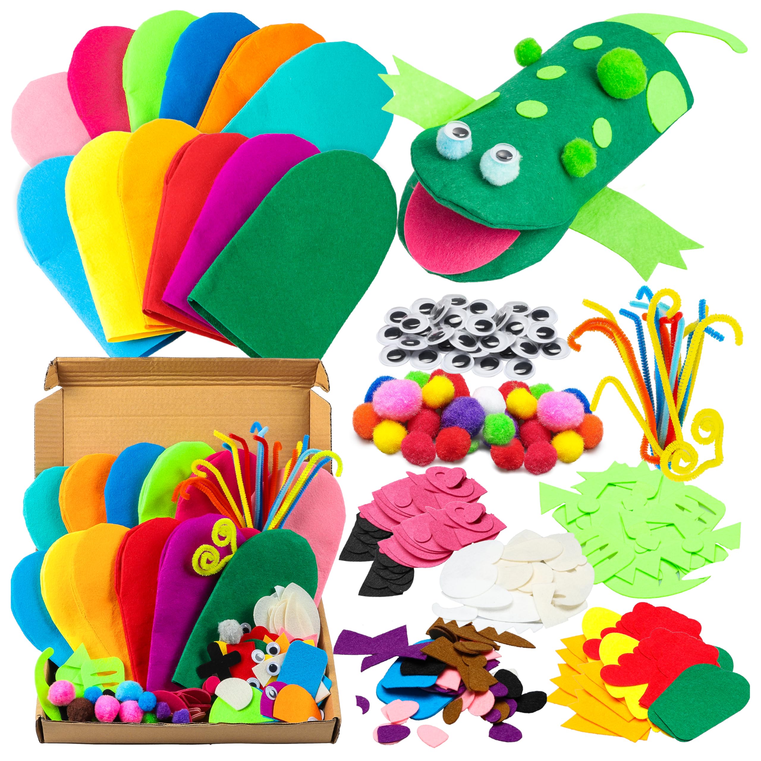 WATINC 12Pcs Animal Hand Puppets Making Kit Age 3+ for Kids Toddlers DIY Art Craft Party Supplies Children Role Play Toys Felt Glove Puppets Show, Colorful Pompoms, DIY Felt Decors — image 1