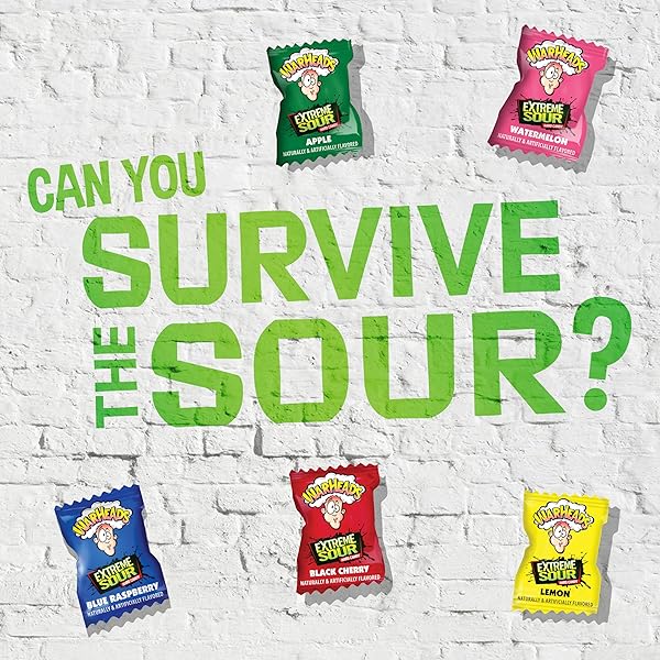WARHEADS – EXTREME SOUR HARD CANDY – ASSORTED FLAVORS – SOUR APPLE, BLACK CHERRY, BLUE RASPBERRY, LEMON & WATERMELON FLAVORS – 2 OZ. BAG