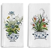 Qpenm Chinoiserie Floral Kitchen Towels Set of 2 - Retro Flower Chinoiserie Dish Towels for Kitchen, Chinoiserie Kitchen Hand Towels, Chinoiserie Waffle Weave Tea Towels Decorative Set 16 X 24 Inch