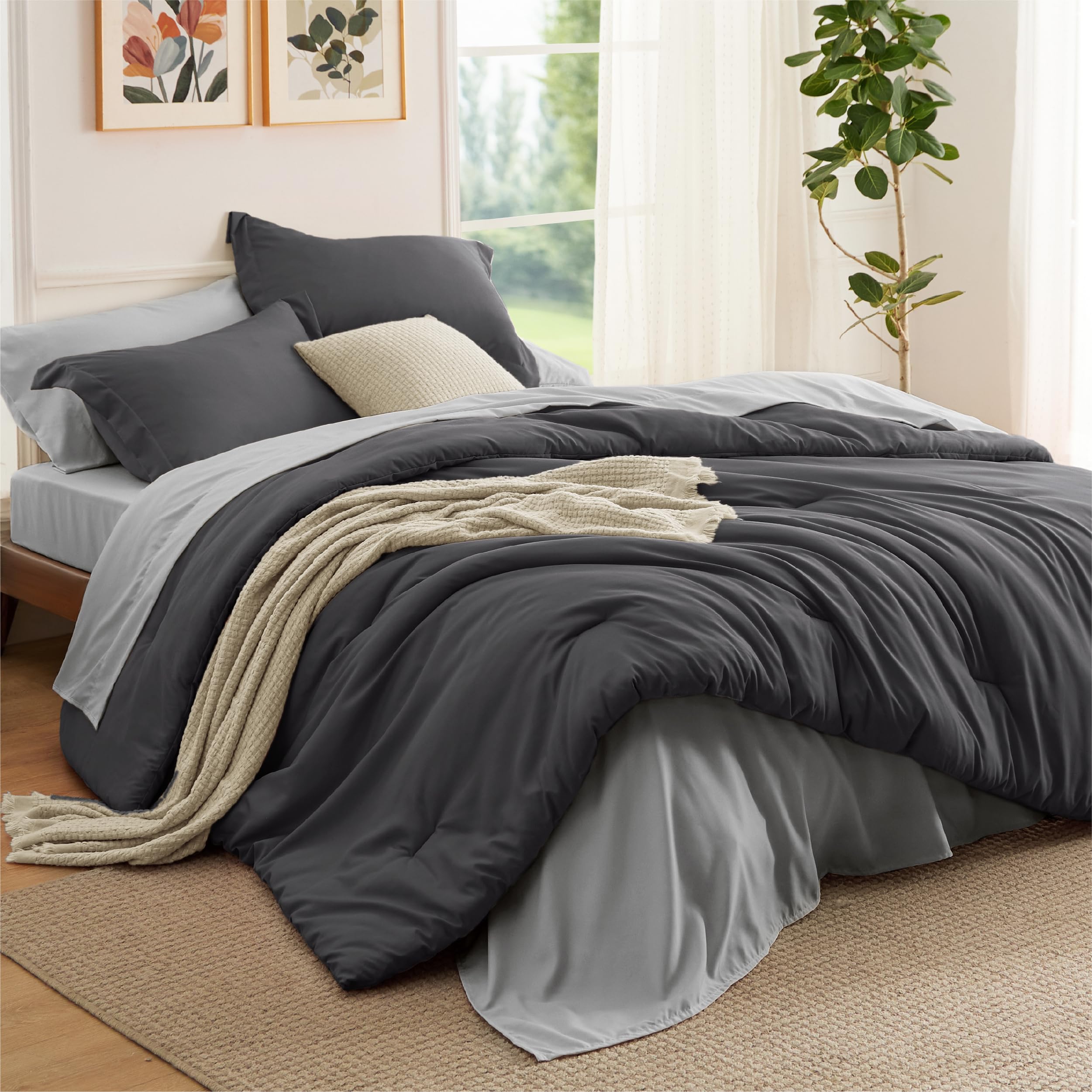 Bedsure California King Comforter Set - 7 Pieces Dark Grey California King Bedding Set for All Seasons, Boho Contrasting Design Bed in a Bag with Comforter, Sheets, Pillowcases & Shams Image
