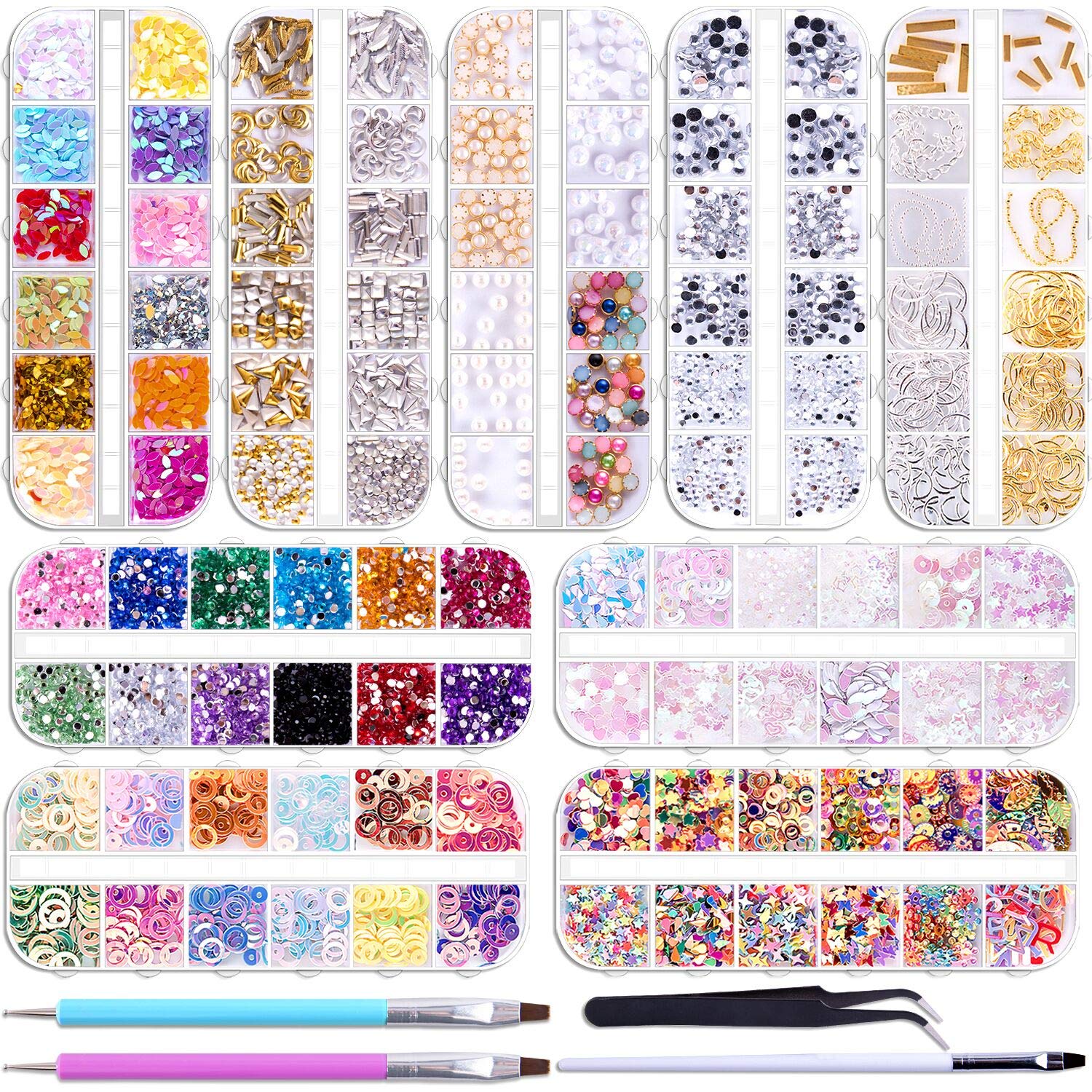 Duufin 12890 Pcs Nail Art Rhinestones Nail Art Crystal Jewels Nail Gems Nail Studs with 1 Pick up Tweezers and 2 Rhinestone Picker Dotting Pen for Nail Art Supplies