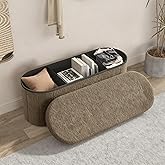 GLAXYFUR Oval Storage Ottoman Bench, Sherpa Foot Rest, 43 Inch Folding Chest for Living Room, Bedroom, Brown