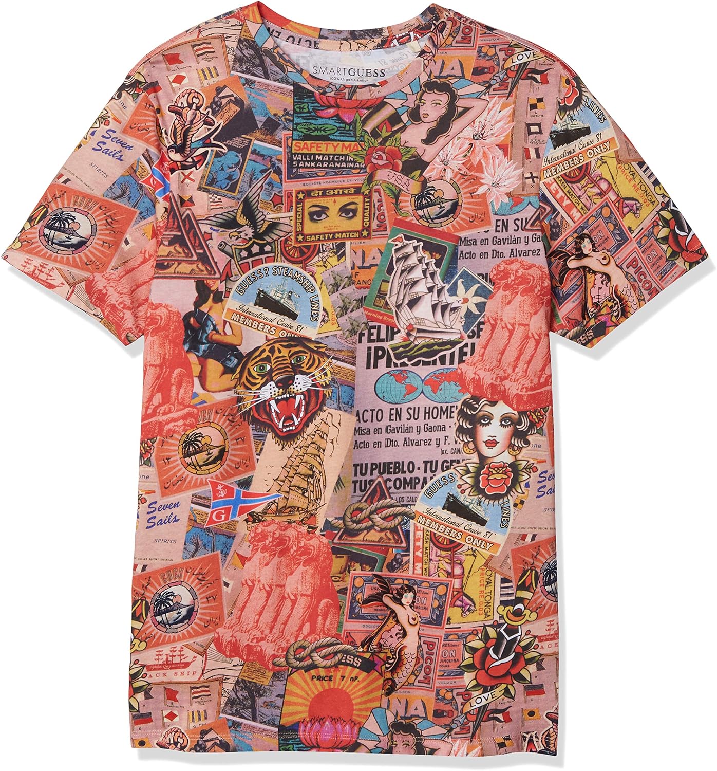 Guess Men's Short Sleeve Eco Retro Tee, Vintage Collage Print, Extra