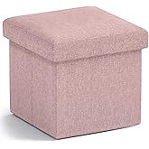 Ornavo Home Small Storage Ottoman Foldable Collapsible Cube Square Linen Ottoman Foot Rest Stool Seat, for Living Room, Bedroom, Home Office, Dorm - 12 x 12 x 12, Pink