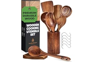 Wooden Spoons for Cooking, Cooking Utensils Set, Kitchen Utensil Set with Holder, Spoon Rest & Hanging Hooks, Teak Wood Nonst