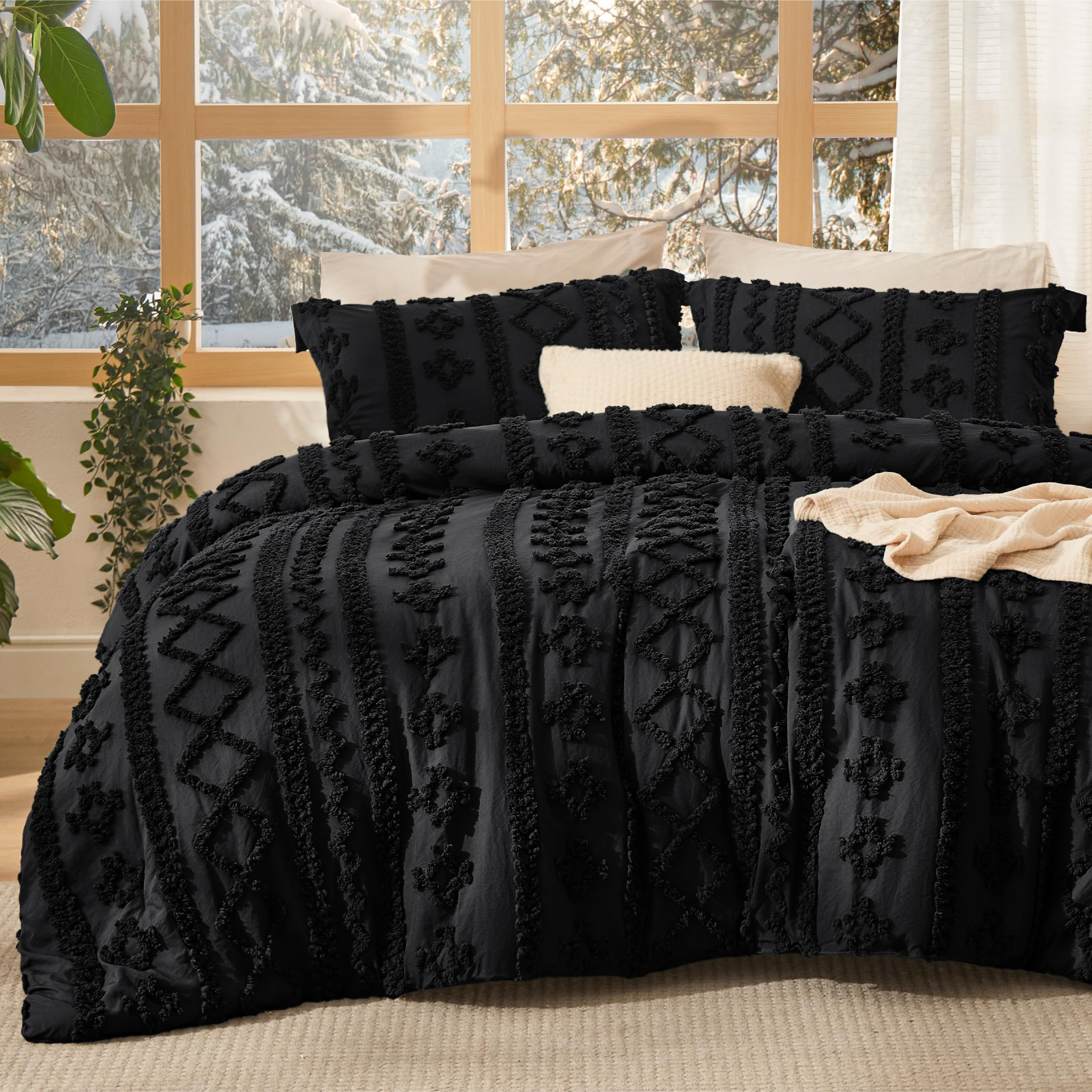 Photo 1 of Bedsure Tufted Boho Comforter Set Oversized Queen - Black Boho Bed Set, GentleSoft™ 3 Pieces Farmhouse Shabby Chic Embroidery Bedding, Gifts for Woman, Soft Jacquard Comforter for All Seasons