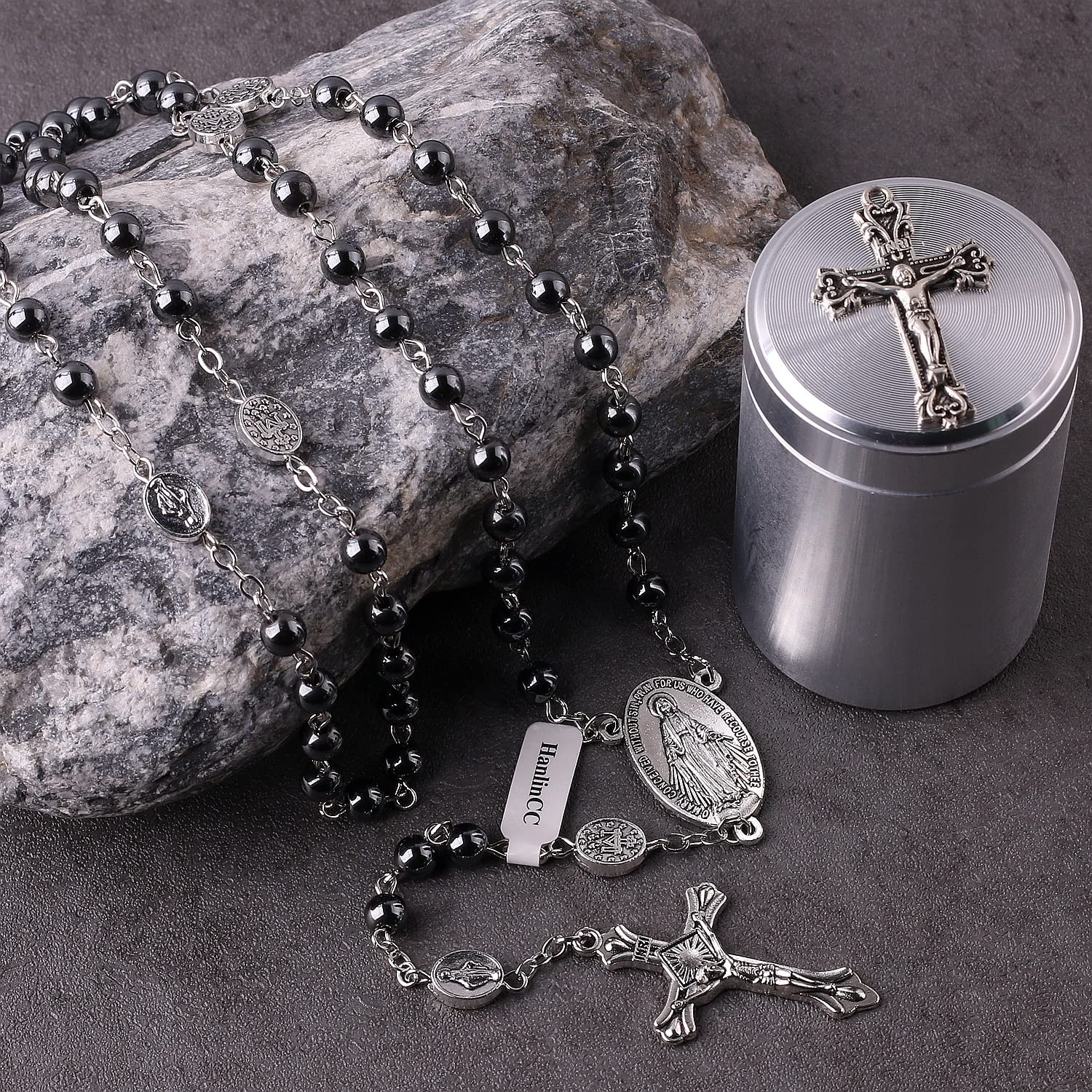 HanlinCC 6mm Hematite black stone beads Miraculous Rosary Necklace with Cross Metal Gift Box ofr Men and Women