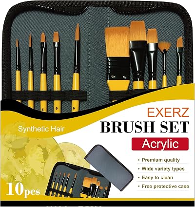 EXERZ JH024 Artist Paint Brush Set 10pcs Synthetic Hair with Travel Case