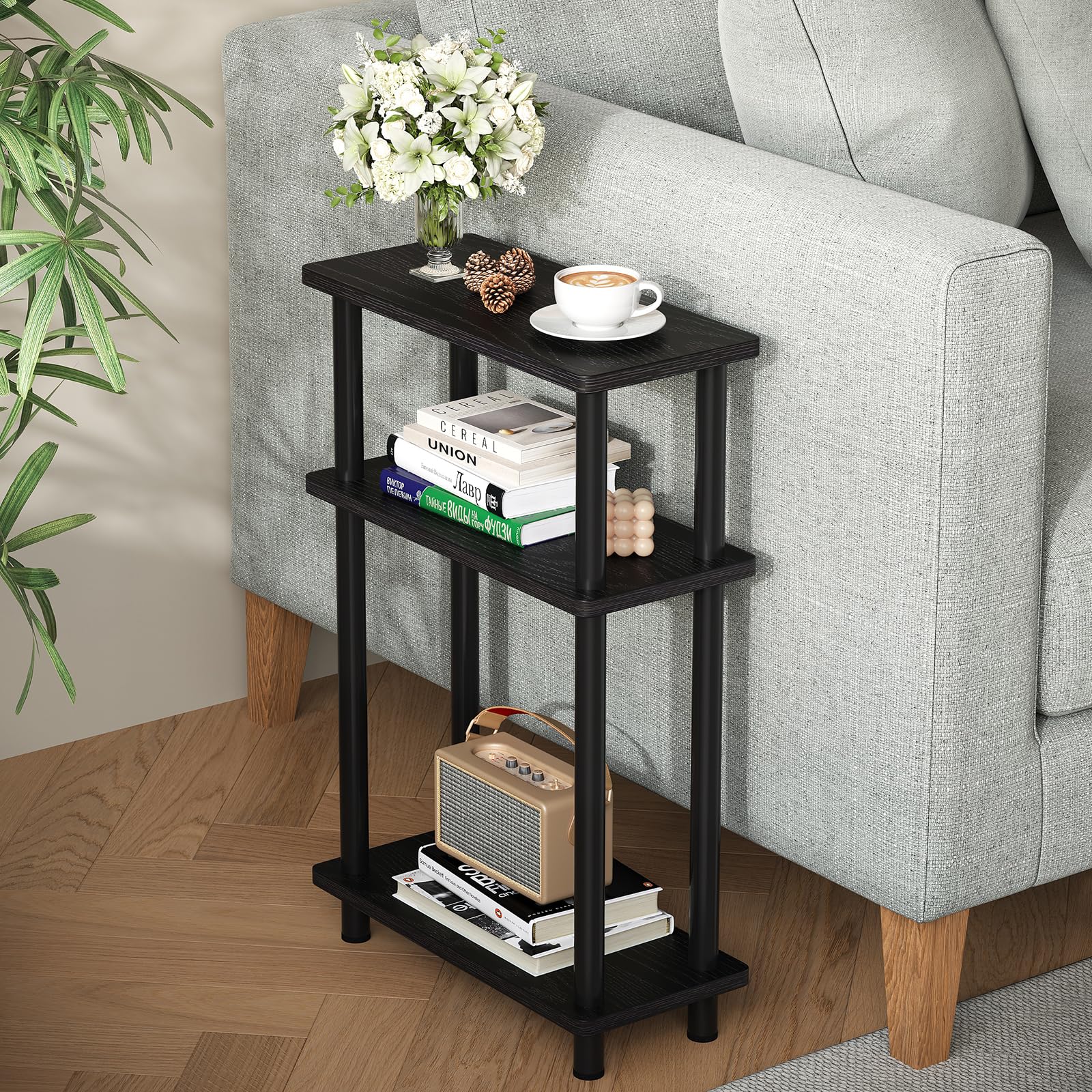 APICIZON Narrow Side Table, Slim Small Table, 3 Tier End Table Living Room, 40x18x61.5cm, Modern Thin Side Tables for Living Room, Bedroom, Sofa, Small Nightstand with Magazine Rack, Wooden, Black