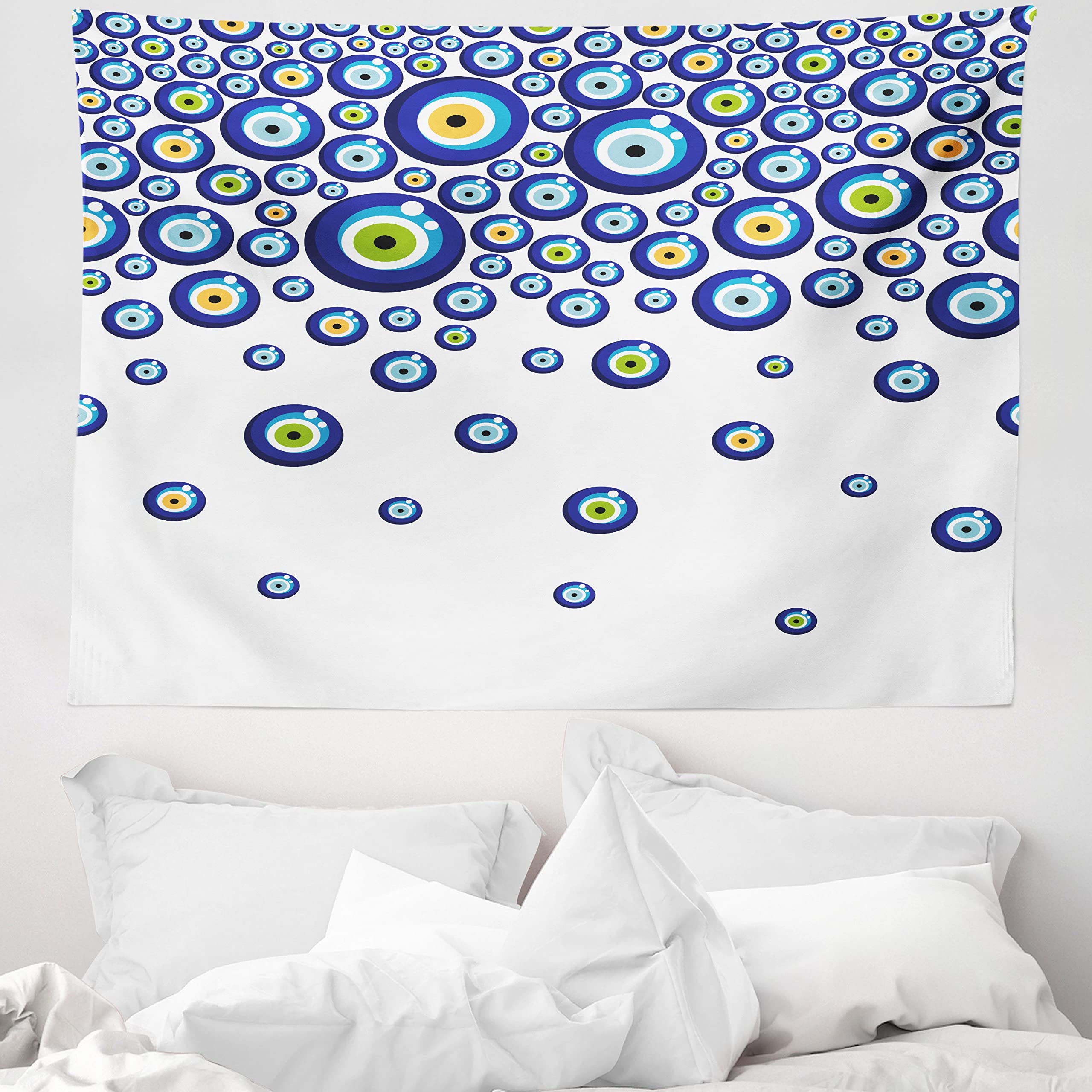 ABAKUHAUS Evil Eye Tapestry, Lively Turkish Amulets Falling Down Positive Ancient Historical Symbols, Fabric Wall Hanging Decor for Bedroom Living Room Dorm, 58 W X 43 L, Marigold Green Blue