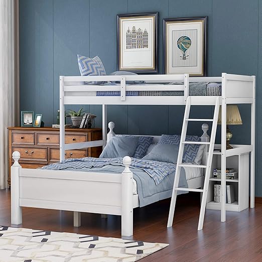 Amazon Com Twin Over Full Loft Bed For Kids Wood Bunk Bed Twin Over Full With Night Stand L Shaped Twin Over Full Loft With Guardrail And Flat Steps Ladder White Kitchen