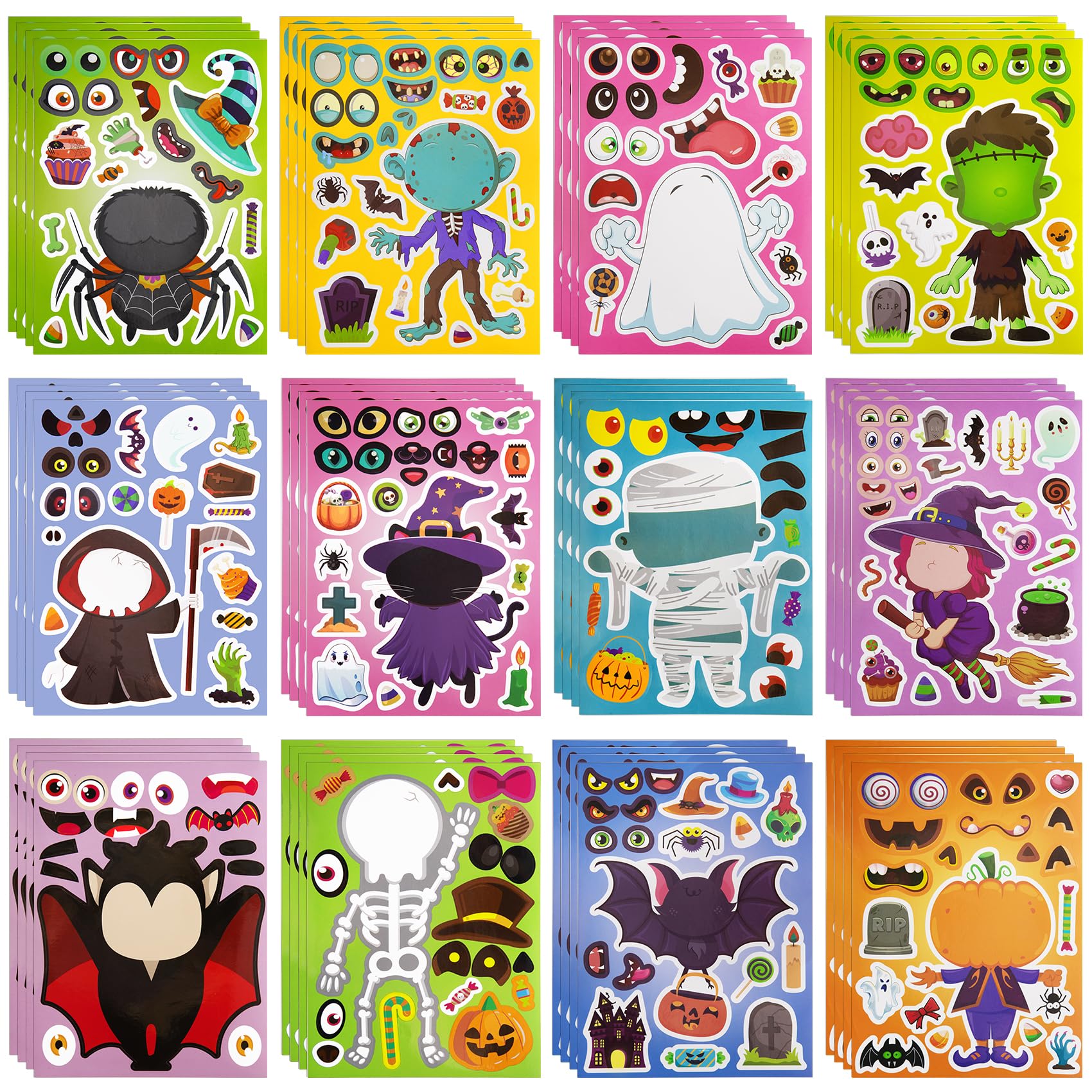 Photo 1 of 48 Sheets Halloween Stickers for Kids, Halloween Party Favors Make Your Own Stickers with 12 Designs Pumpkin Spider Skeleton Ghost Witch Bat, DIY Crafts for Kids Holiday Game Activities Gifts