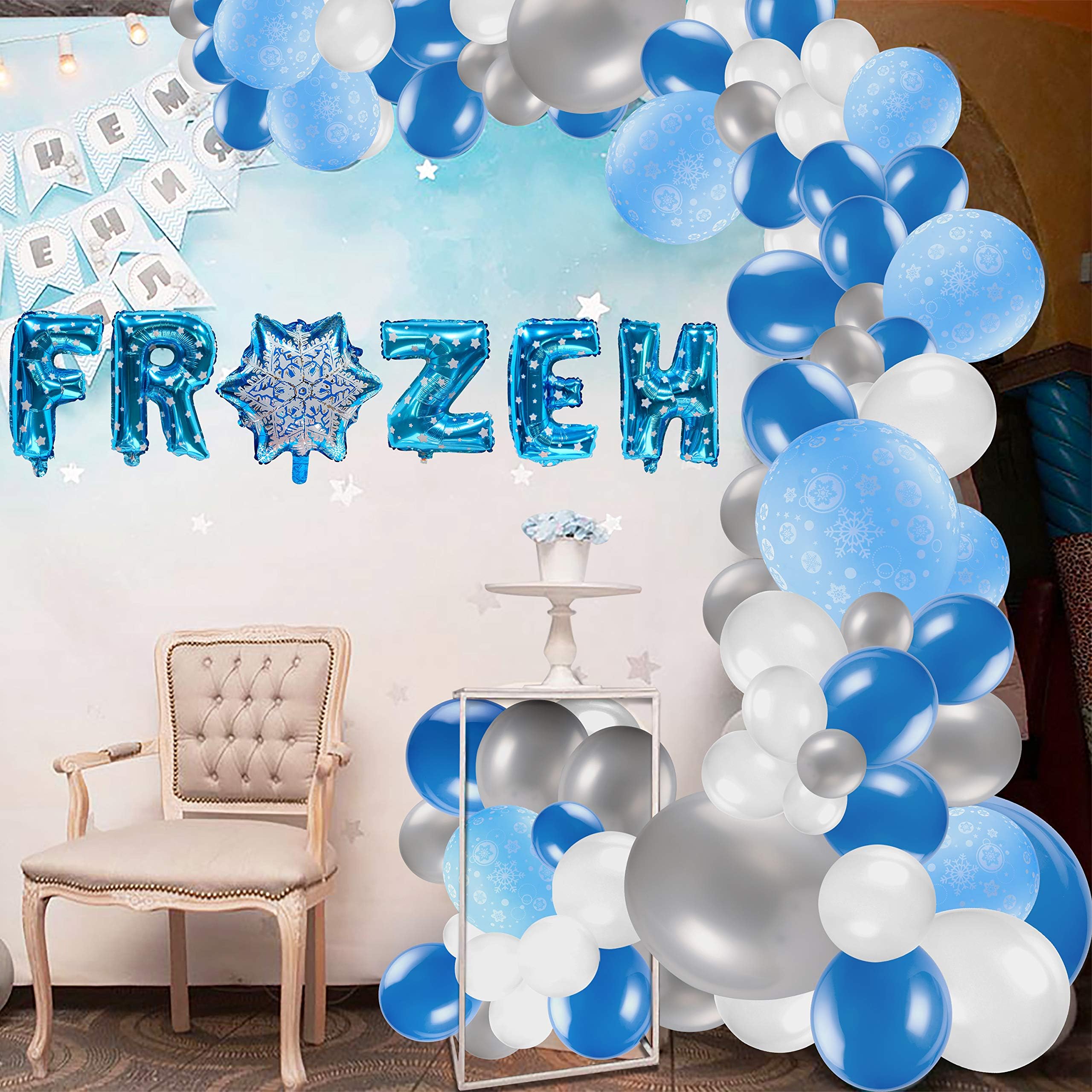 Ticiaga 109pcs Frozen Birthday Party Balloons Arch Garland Kit, Snowflake Printed Thick Latex Assorted Balloons with Helium Balloons for Girls, Winter Wonderland Party Centerpiece Background Decor