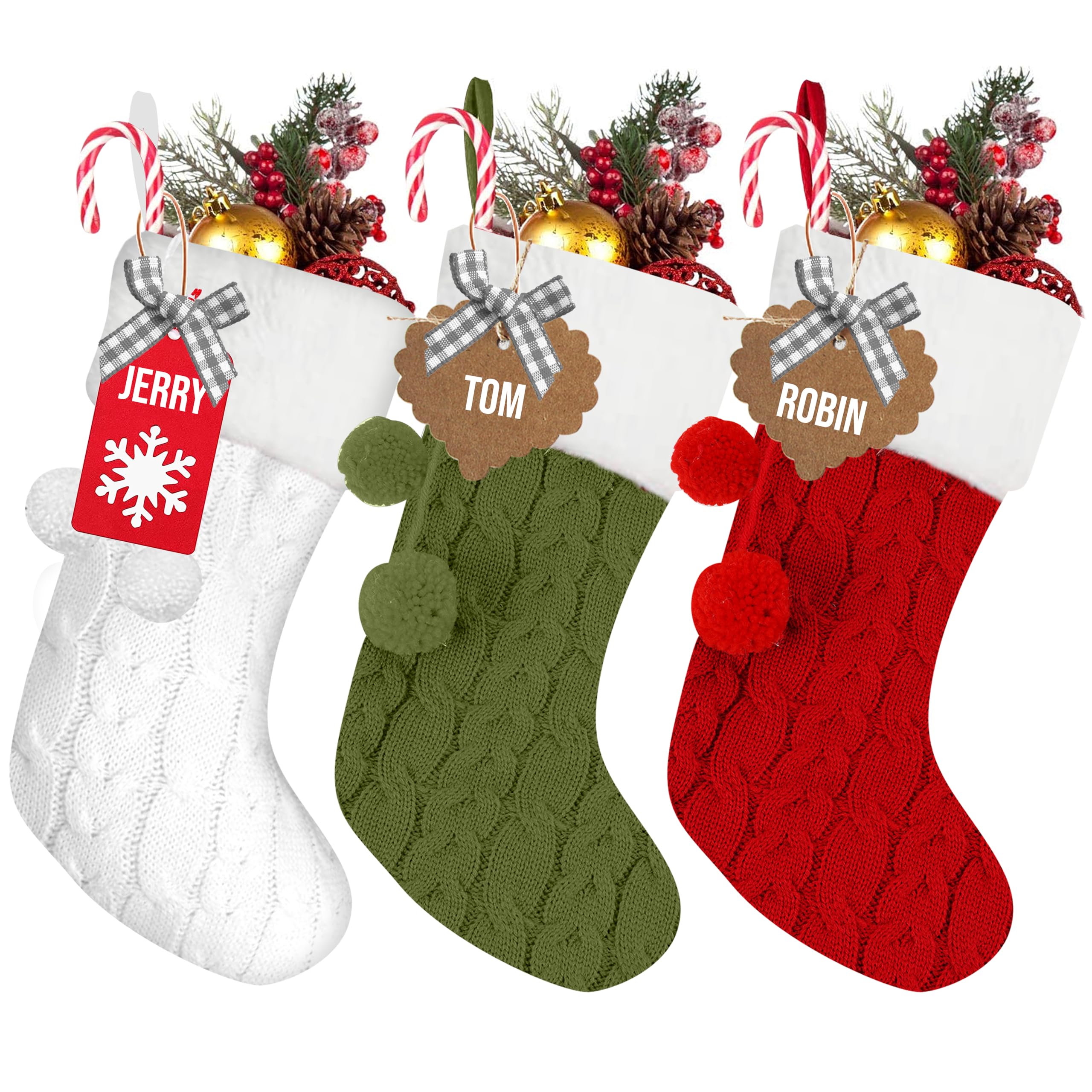 RFAQK Personalized Christmas Stockings -3 Pack with 50 Pcs Name Tags, Large Xmas Stockings for Christmas Decorations-Fireplace Hangings for Family Farmhouse and Home Décor
