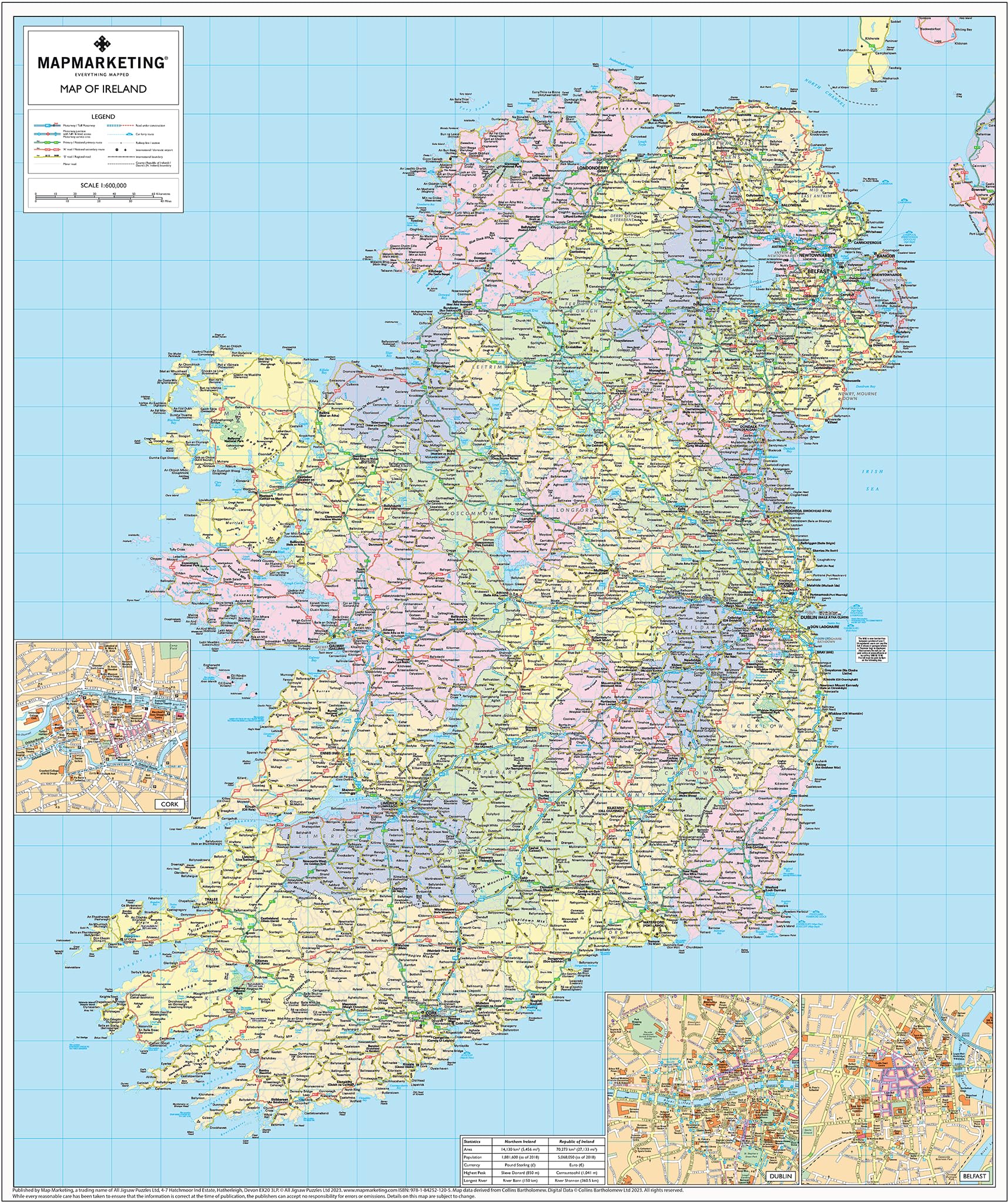 Laminated Wall Map Of Ireland - Laminated Large Wall Map - 84cm x 100cm - Perfect For Schools, Offices and Businesses - Clearly Shows County's, Towns And Roads