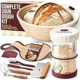 Superbaking Sourdough Starter Kit: 9" Banneton Basket, Silicone Sling &amp; Jar | Round Rattan, Splinter-Free, Non-Stick Bread Sling, Glass Starter Jar, Whisk, Lame, Scraper, Sourdough Bread Baking Supplies