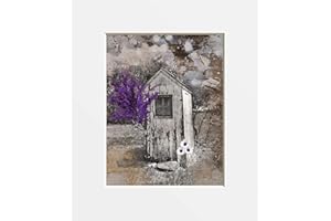 LITTLEPIECREATIONS Bathroom Wall Decor, Rustic Modern Farmhouse Outhouse Daisy Flowers Photography Purple Brown Wall Art (8x10 photo with 11x14 mat, Purple)