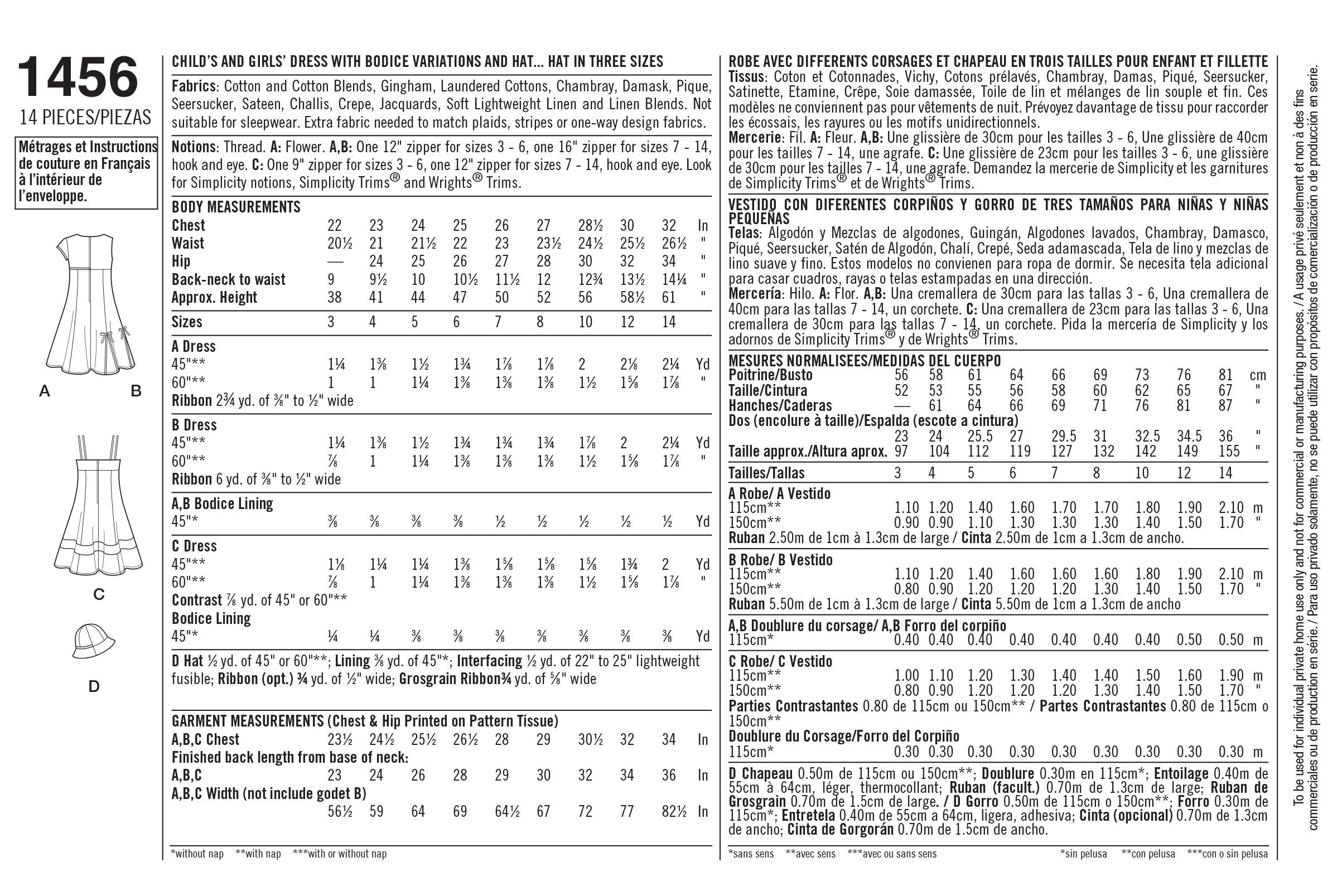 Simplicity US1456K5 Size K5 Child's and Girl's Dress with Bodice and Hat White