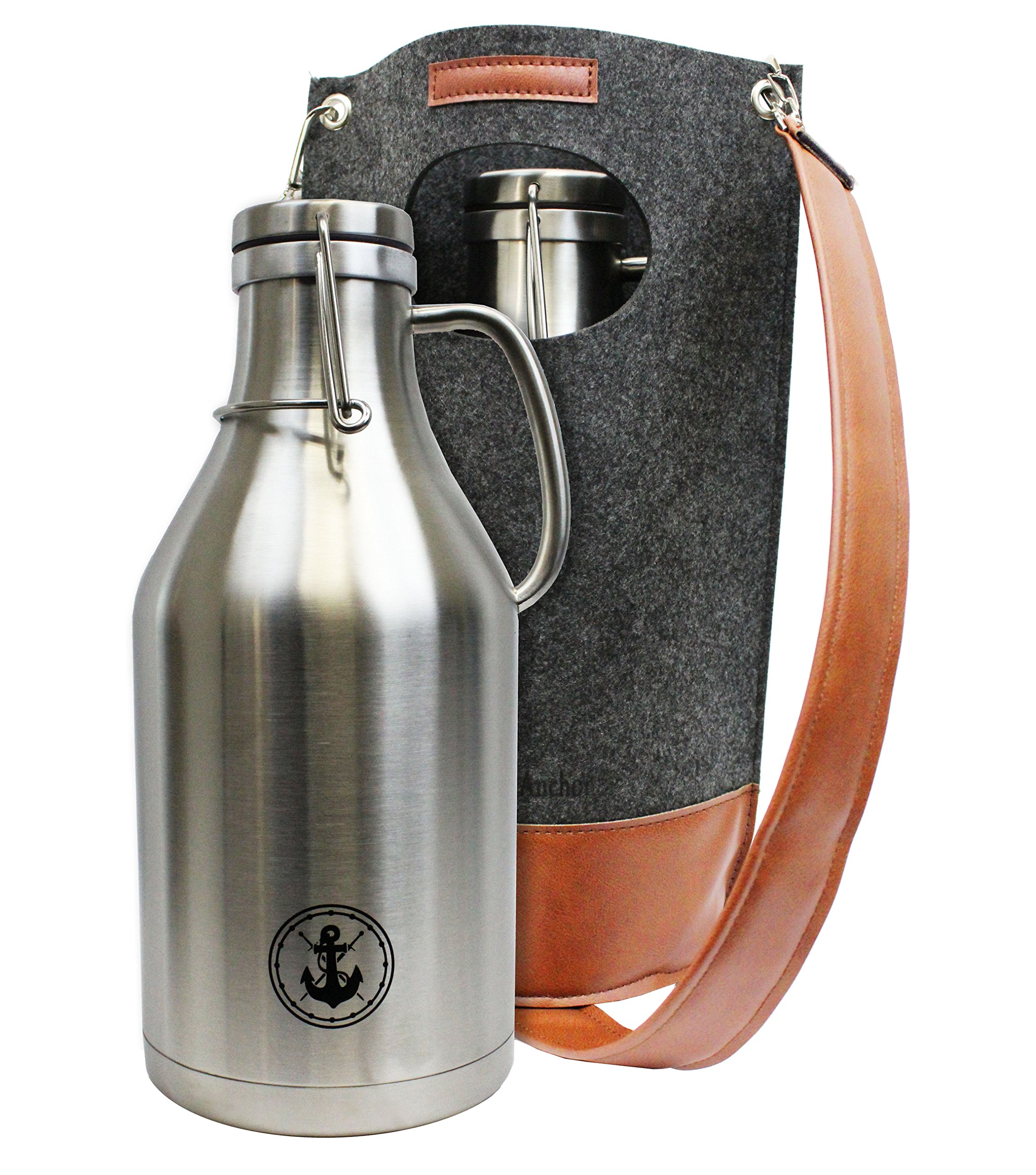 64oz Insulated Steel Beer Growler with Wool Carrying Case (stainless