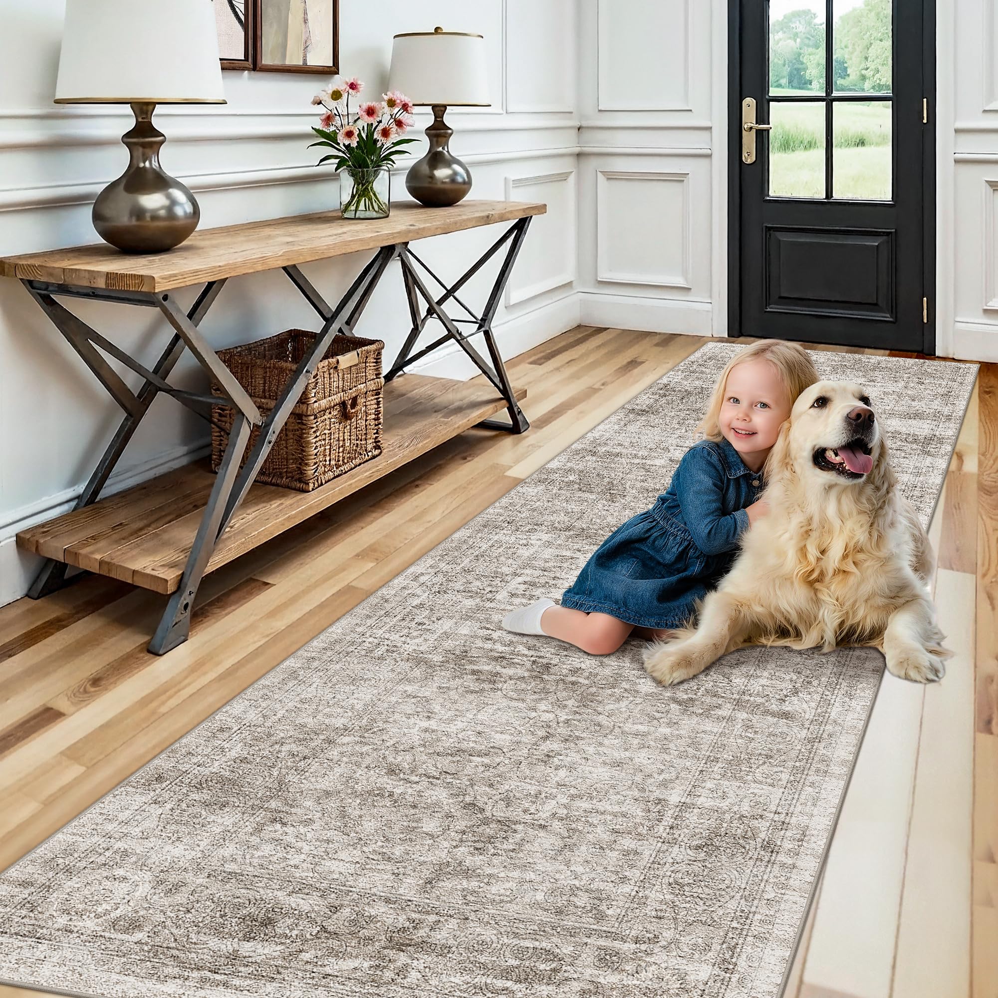 TOPRUUG 3x10 Washable Runner Rug: 10ft Runners for Hallways Soft Non Slip Kitchen Rugs for Bedroom Bathroom Entryway - Stain Resistant Vintage Floral Carpet (Brown/Beige, 3X10) Image