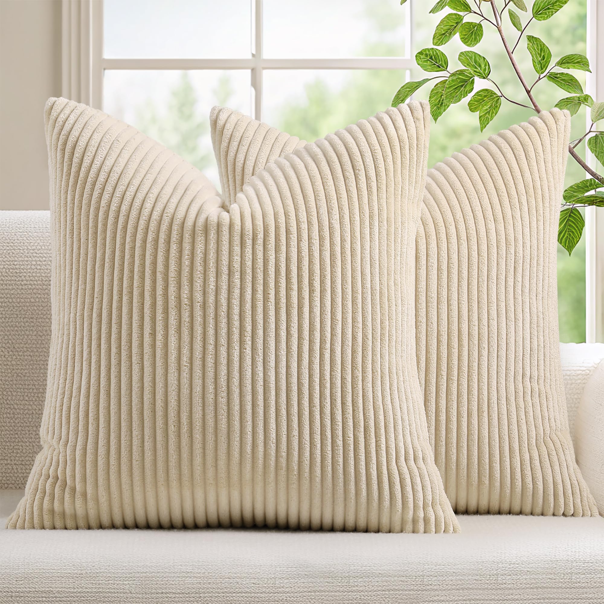 Photo 1 of Mecatny Corduroy Decorative Throw Pillow Covers 20x20 Set of 2 for Sofa Living Room, Soft Neutral Boho Couch Pillow Covers for Home Decor, Beige