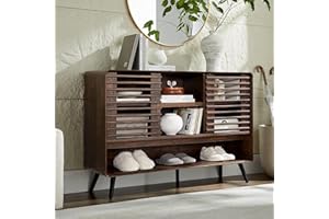 RedLemon 46" Entryway Table with Slatted Sliding Door, Mid Century Modern Console Table w/Adjustable Storage Shelf, Wood Sofa Table Behind Couch for Hallway, Living Room, Foyer, Dark Walnut