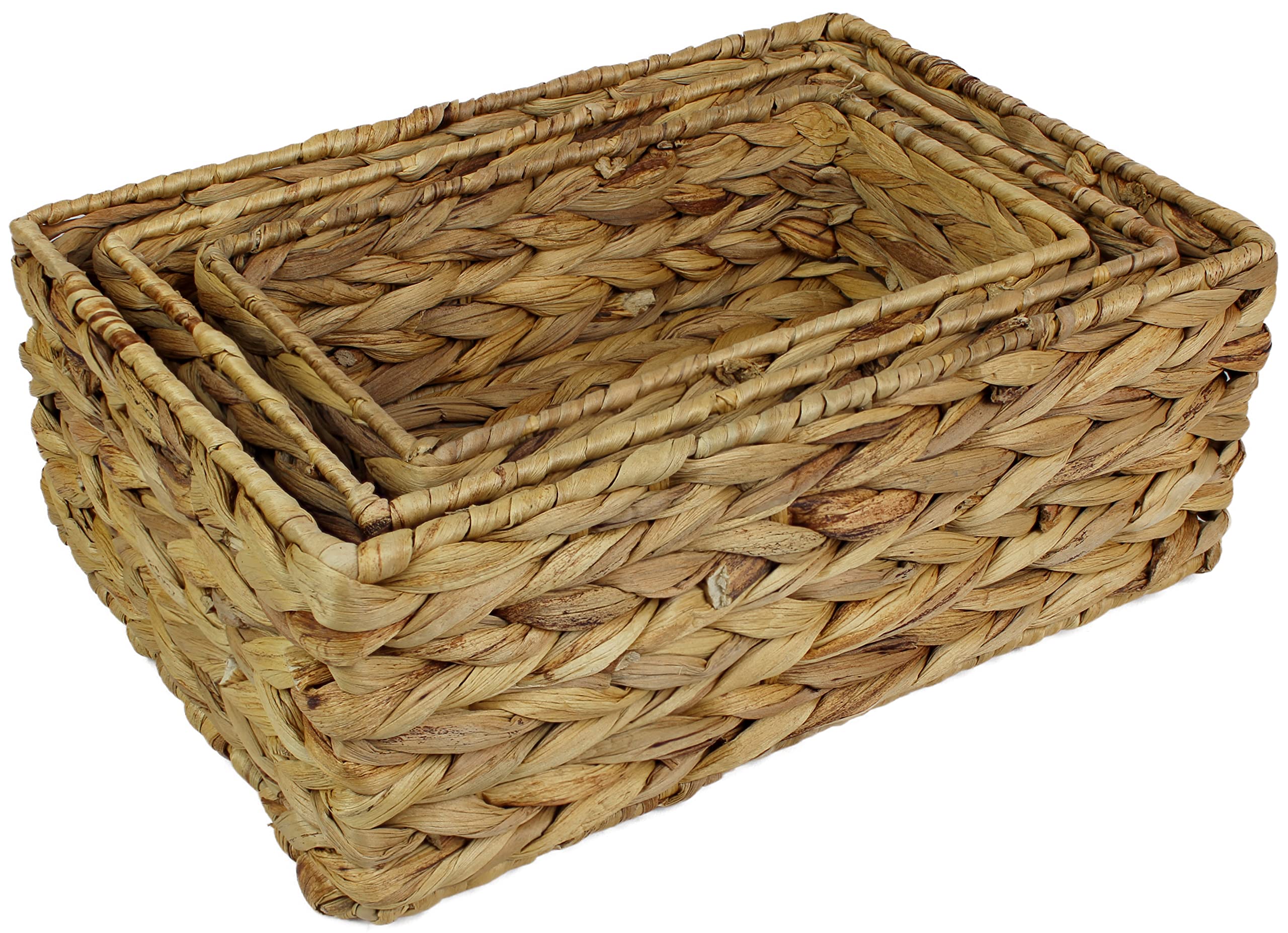 Rectangular water hyacinth small baskets for storage Natural colour wicker basket shelves open Decorative gift box bathroom mini tray makeup bathroom Kitchen organiser (Set of Three, 1x Basket)