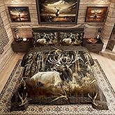 Erosebridal Rustic Deer Comforter Set for Cabin Lodge Vintage Elk Moose Antlers Bedding Set Queen Size Farmhouse Woodland Quilt Hunting Animal Duvet Insert with 2 Pillowcases Home Room Decor