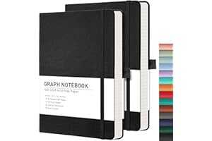 RETTACY Graph Paper Notebook, 2-Pack, A5 Grid Notebook Journal with 192 Pages per Pack, 5.7'' × 8.3'', Medium Size, Leather Hardcover, 100 GSM Thick Paper, for Math, Engineering (Black & Black)