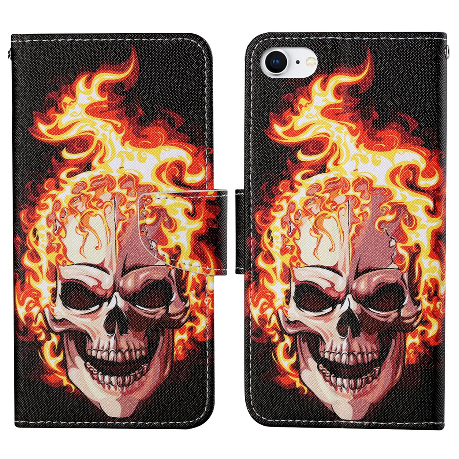 Wuhaizher iPhone SE 2022/SE 2020/7/8 Case - Skull Flip Wallet Kickstand Shockproof Leather Faux Leather Silicone Case with Magnetic Closure, Card Slots, Stand for Movie Watching