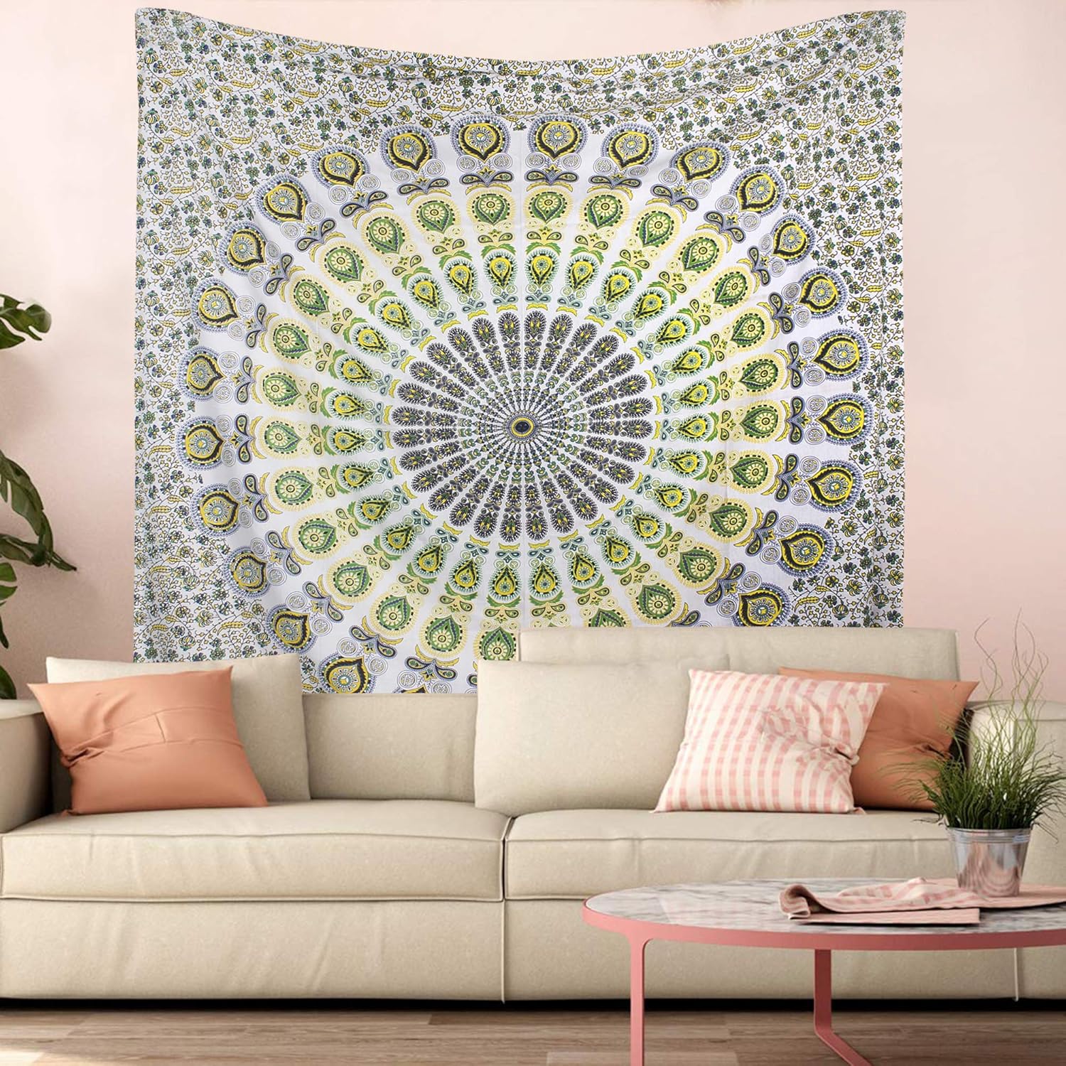 Bless International Indian hippie Bohemian Psychedelic Peacock Mandala Wall hanging Bedding Tapestry (Yellow Green - Image 4