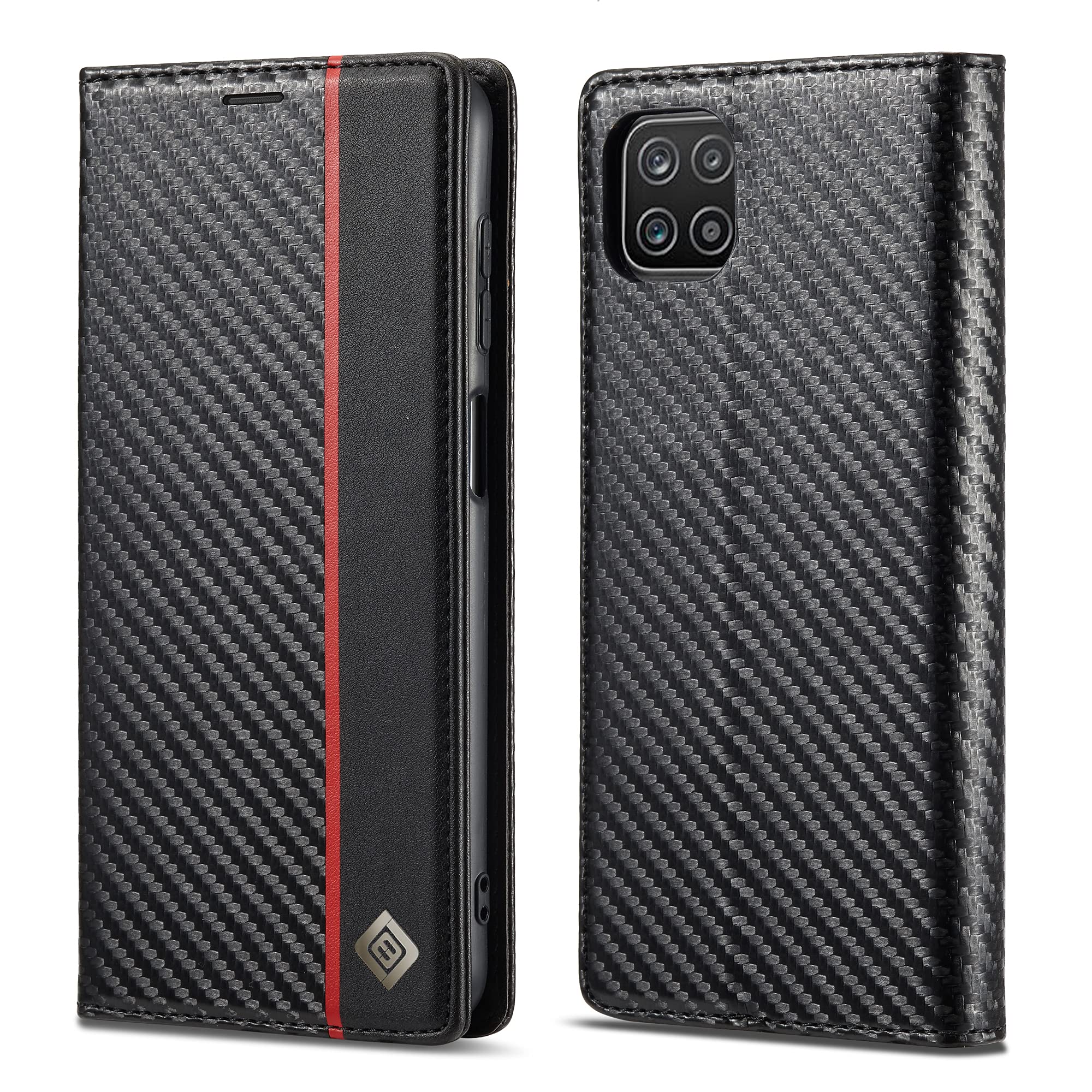 ZTOFERA Compatible with Samsung Galaxy A22 5G Wallet Case, Premium PU Leather Carbon Fiber Flip Case with Card Holder Magnetic Closure Protective Phone Case for Samsung A22 5G, Vertical Red Line