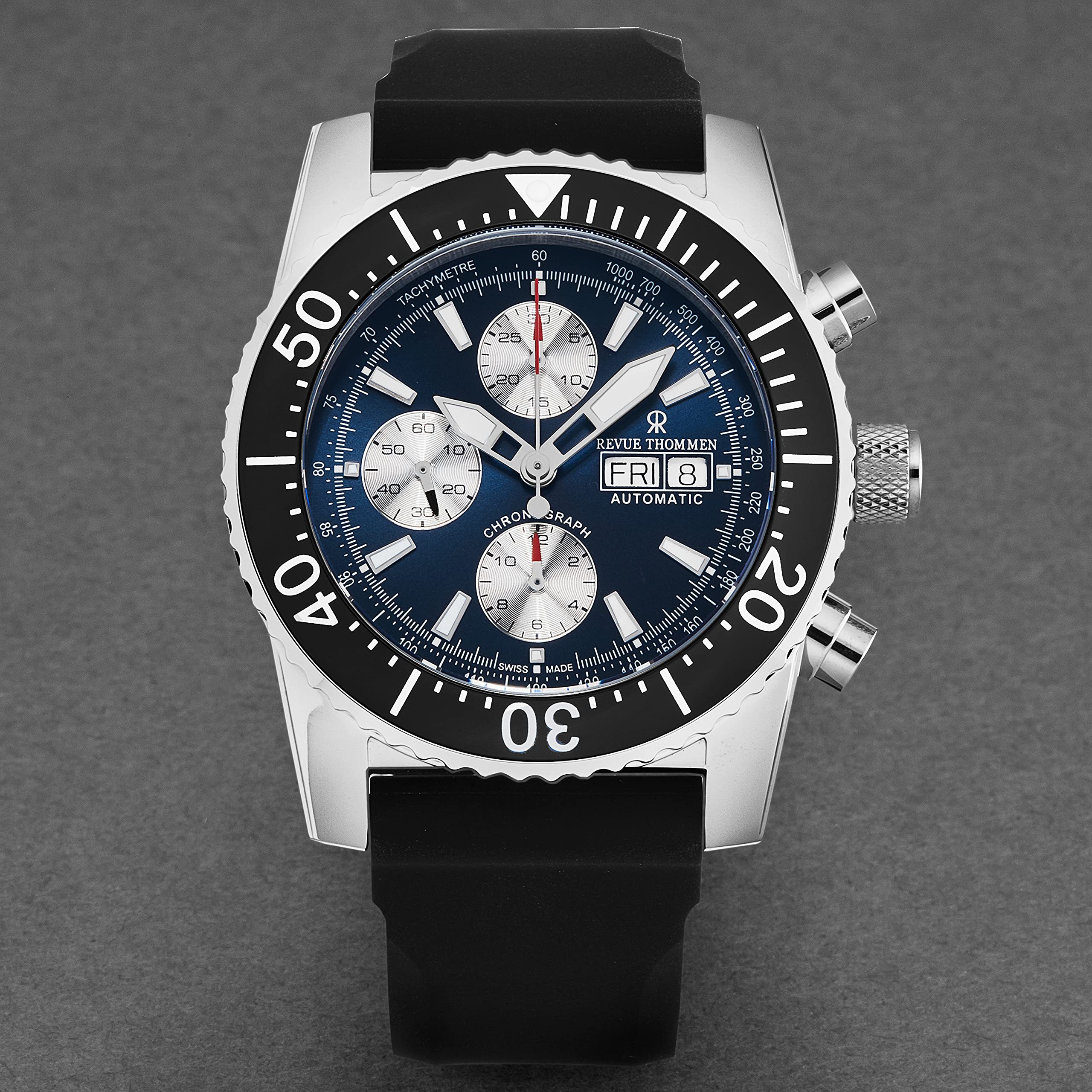 Revue Thommen Men's 17030.6525 'Divers' Blue Dial Day-Date Chronograph Blue Dial Black Rubber Strap Automatic Watch