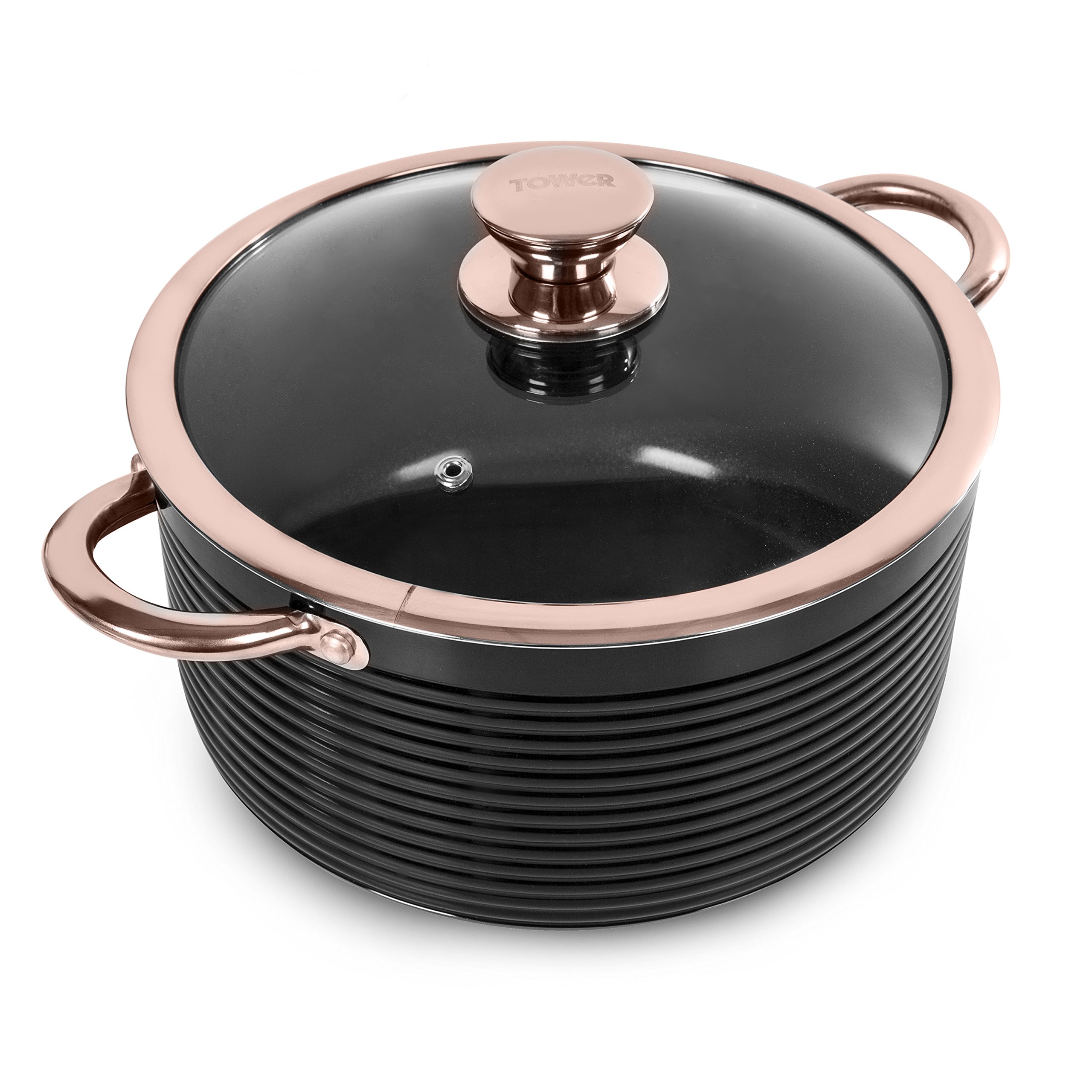 Tower Casserole Dish with Lid, Linear Collection with Easy Clean Non-Stick Ceramic Coating, Aluminium, Black and Rose Gold, 4 Litres